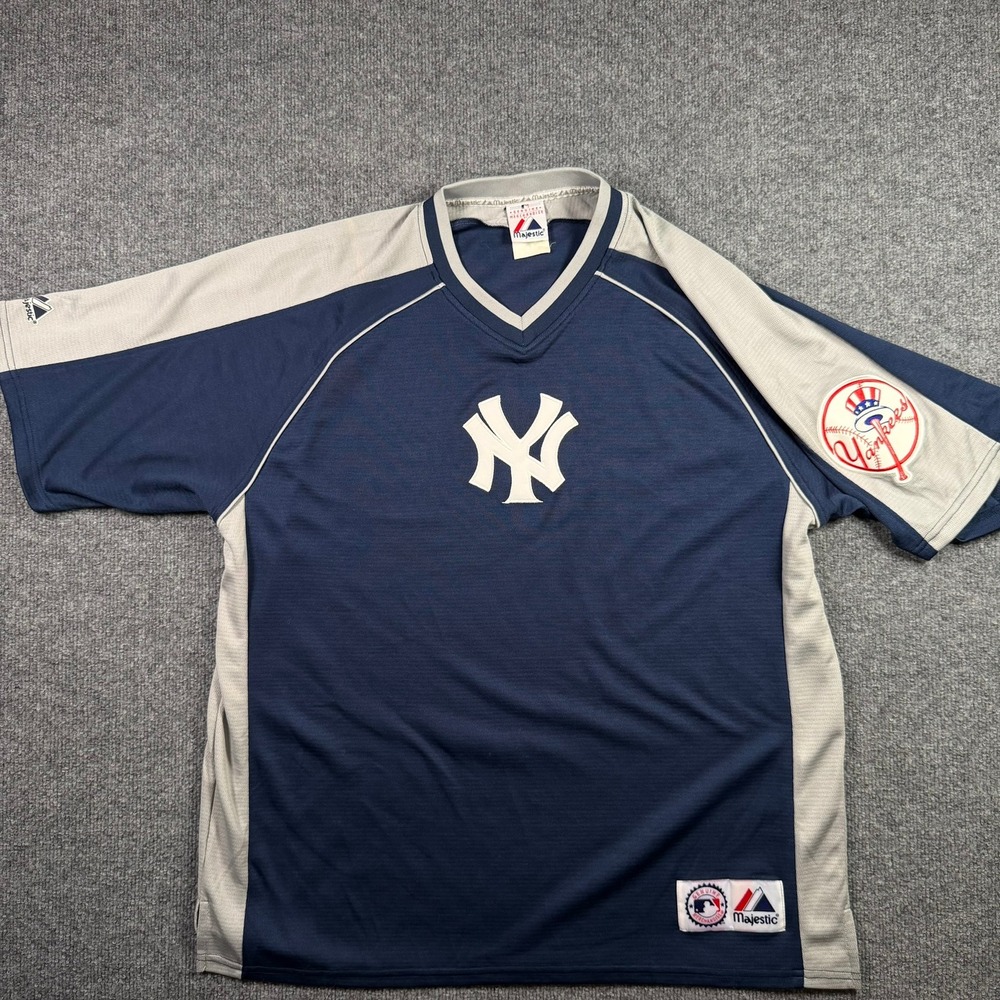 Majestic New York Yankees Jersey Mens XL Navy Blue Grey V-Neck Blank Shirt